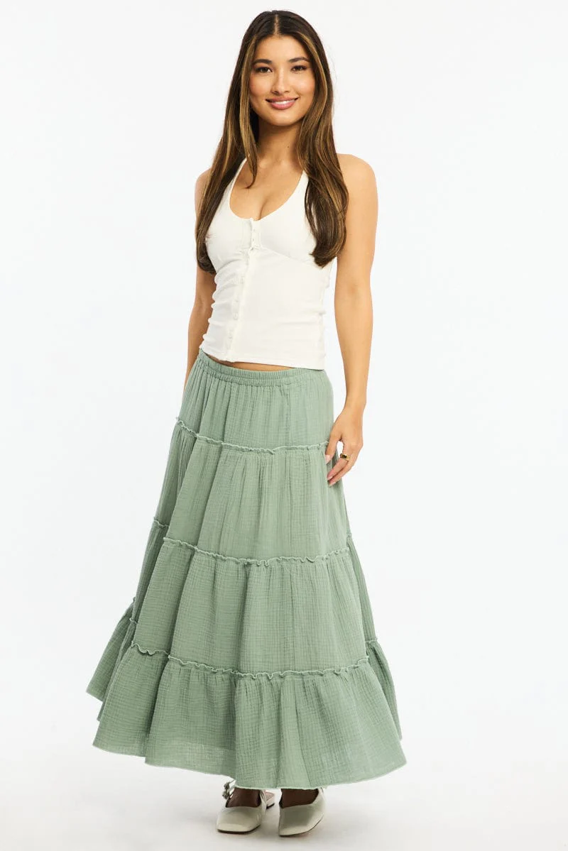 Green Midi Skirt Tiered High Rise Lined
