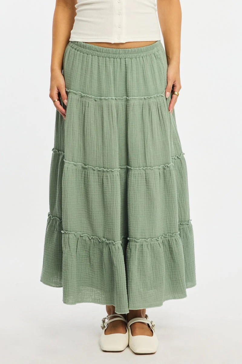 Green Midi Skirt Tiered High Rise Lined - Image 2
