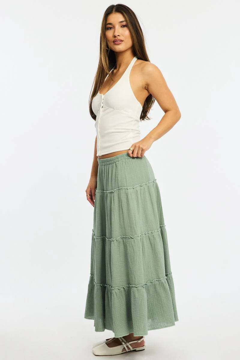 Green Midi Skirt Tiered High Rise Lined - Image 3