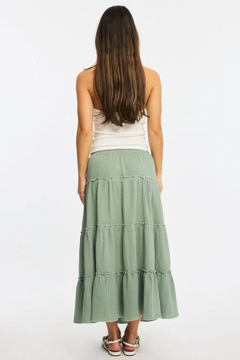 Green Midi Skirt Tiered High Rise Lined - Image 4