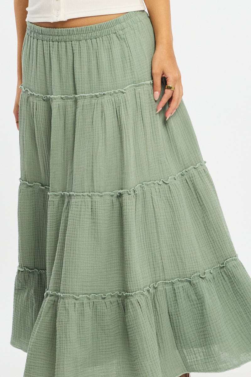 Green Midi Skirt Tiered High Rise Lined - Image 5