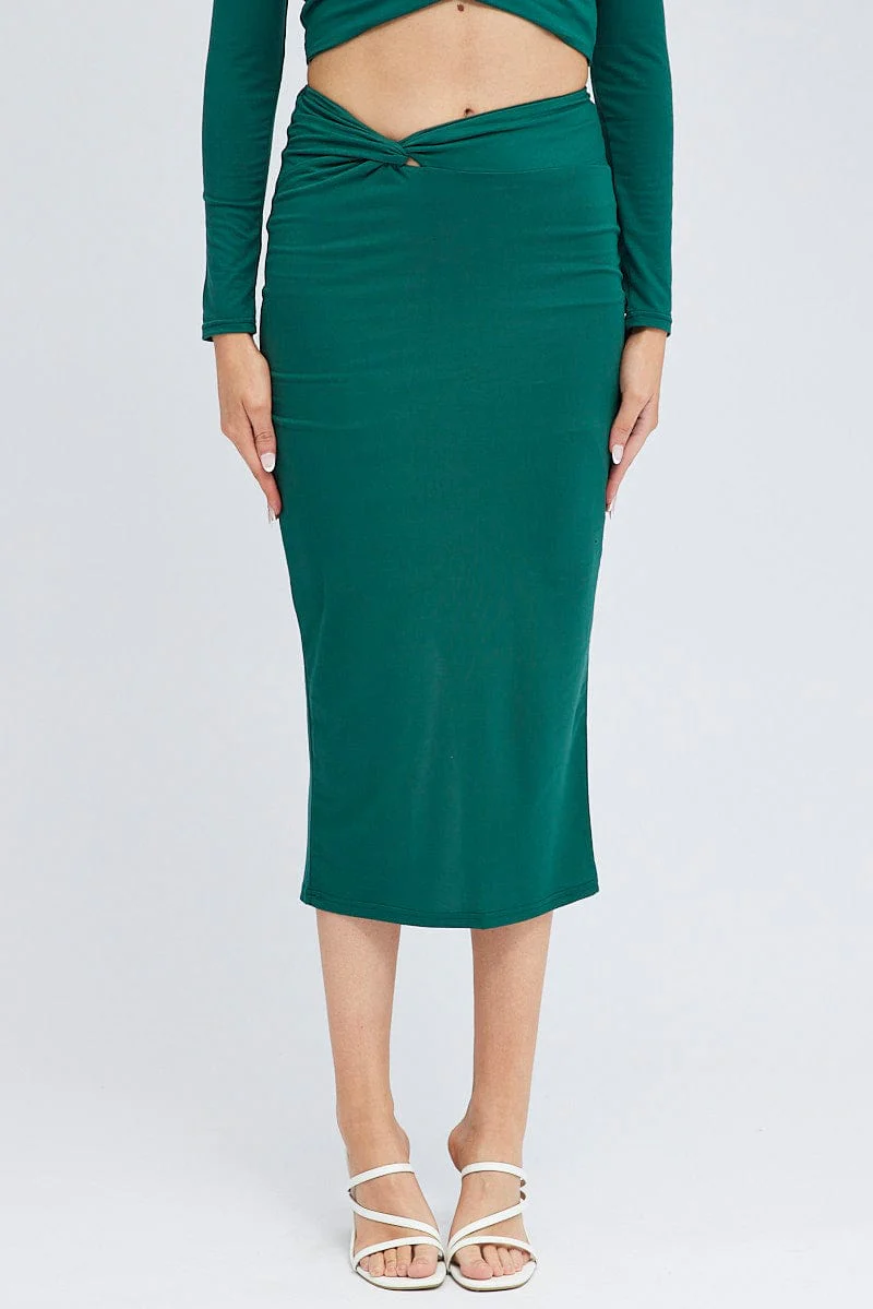 Green Midi Skirt Twisted Waist Double Layer - Image 2