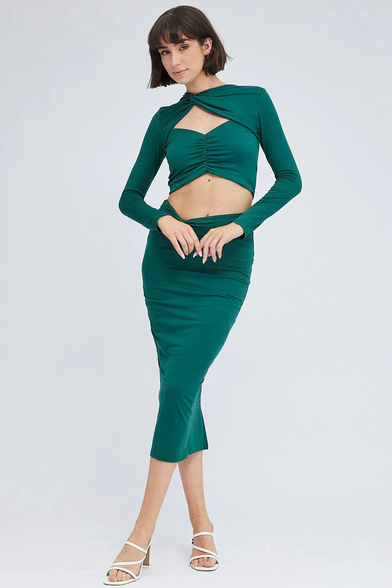 Green Midi Skirt Twisted Waist Double Layer - Image 3