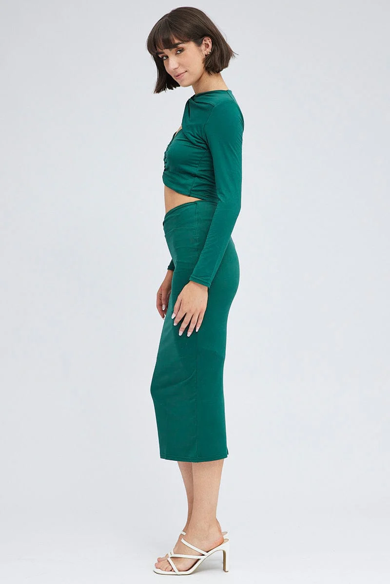 Green Midi Skirt Twisted Waist Double Layer - Image 4