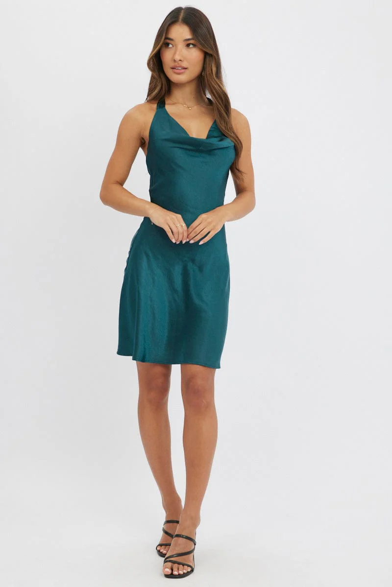 Green Mini Dress Cowl Neck Satin - Image 2