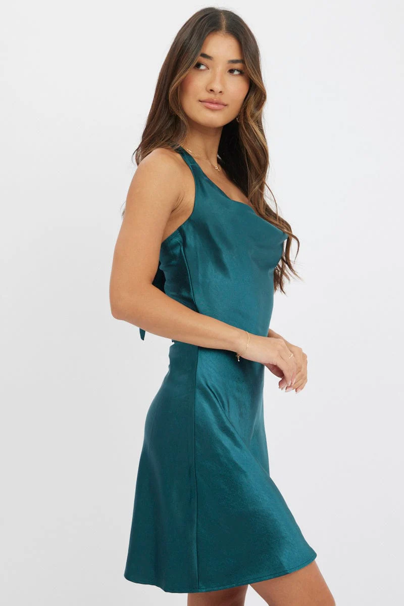 Green Mini Dress Cowl Neck Satin - Image 4