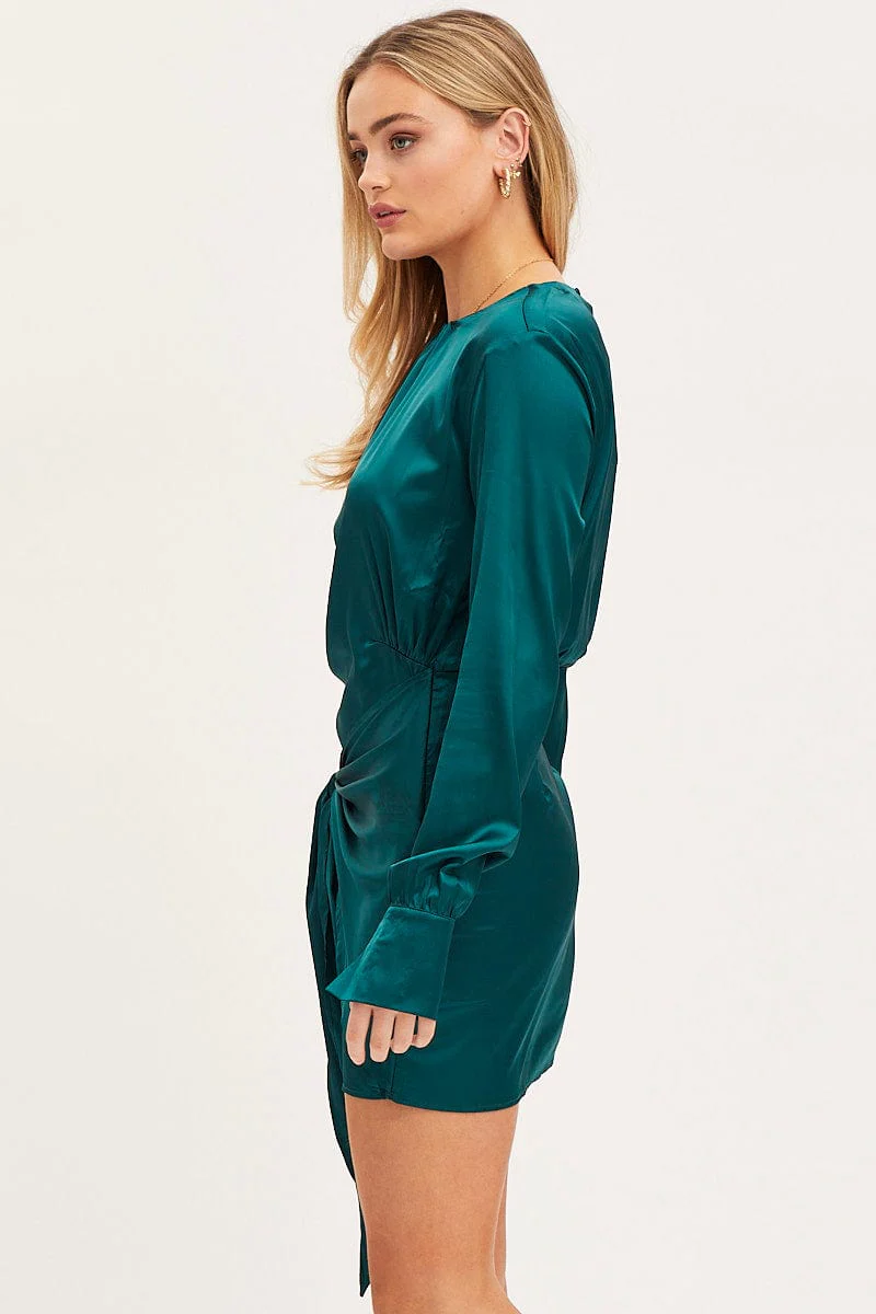 Green Mini Dress Long Sleeve Evening - Image 4
