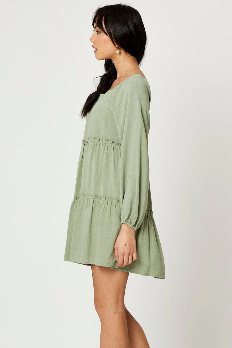 Green Mini Dress Long Sleeve Square Neck - Image 3