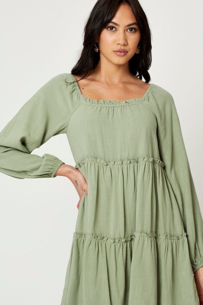 Green Mini Dress Long Sleeve Square Neck - Image 5