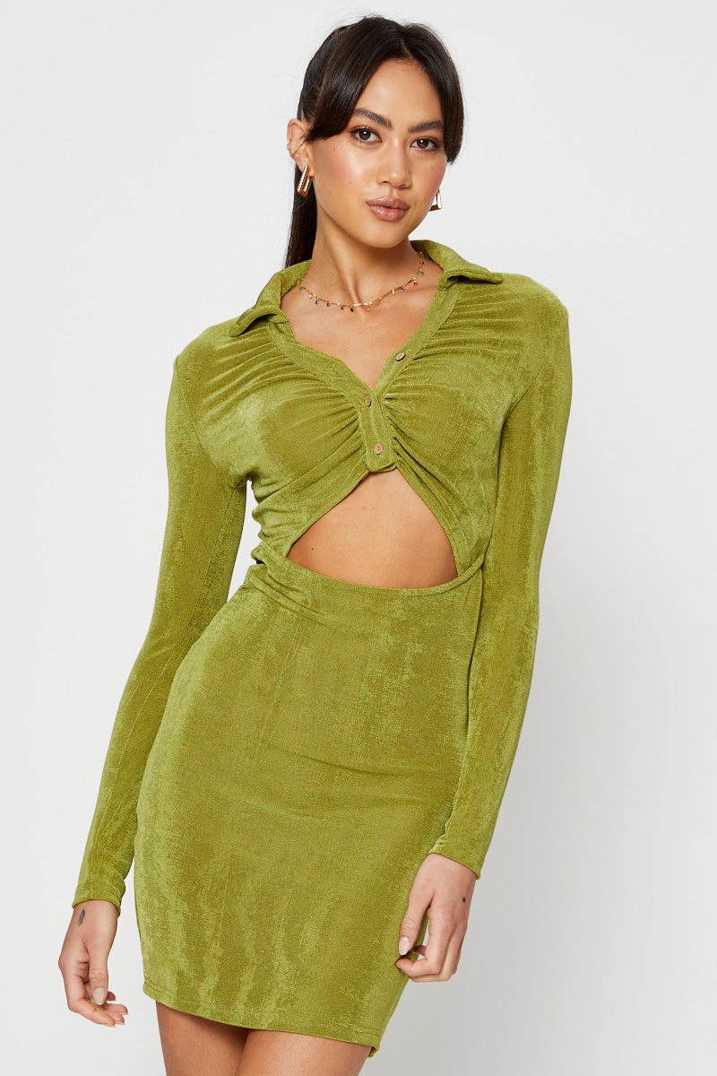 Green Mini Dress Slinky Jersey Cut Out - Image 3