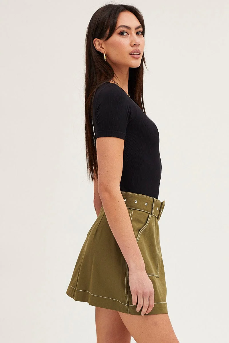 Green Mini Skirt High Waisted Contrast Belted Utility - Image 5