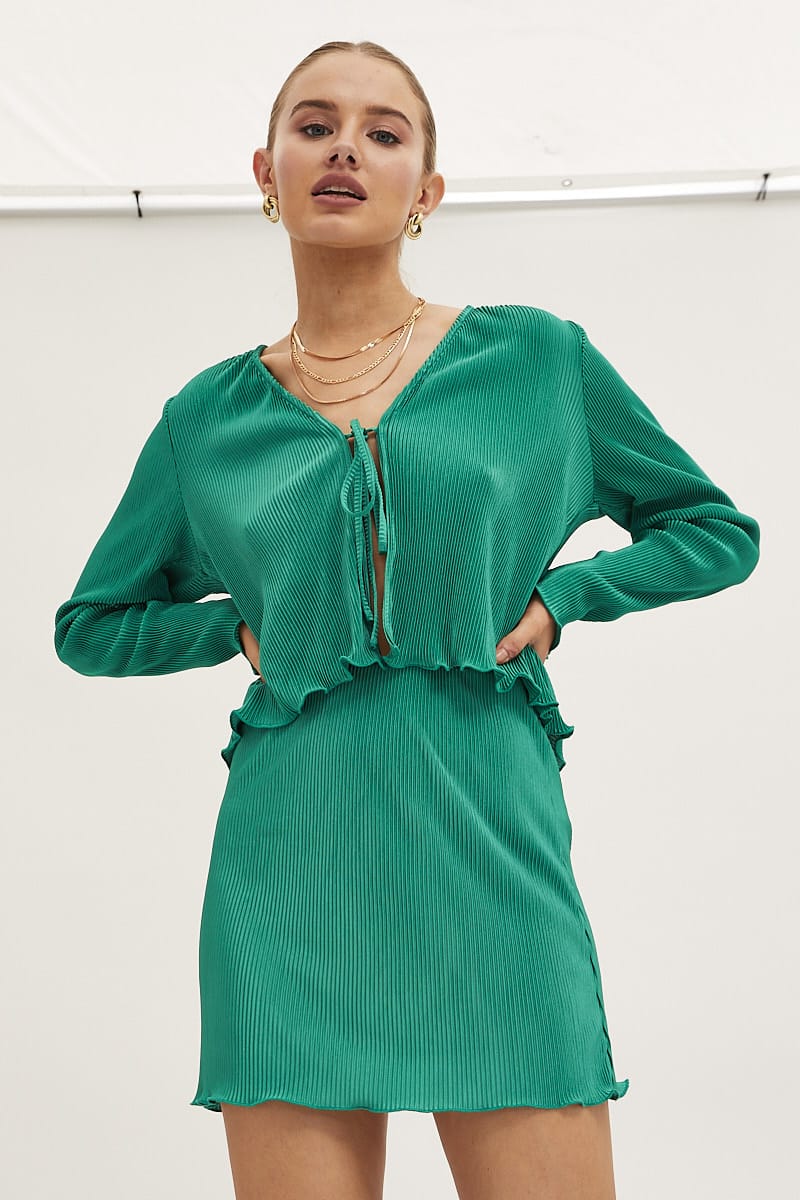 Green Mini Skirt Plisse Satin - Image 3
