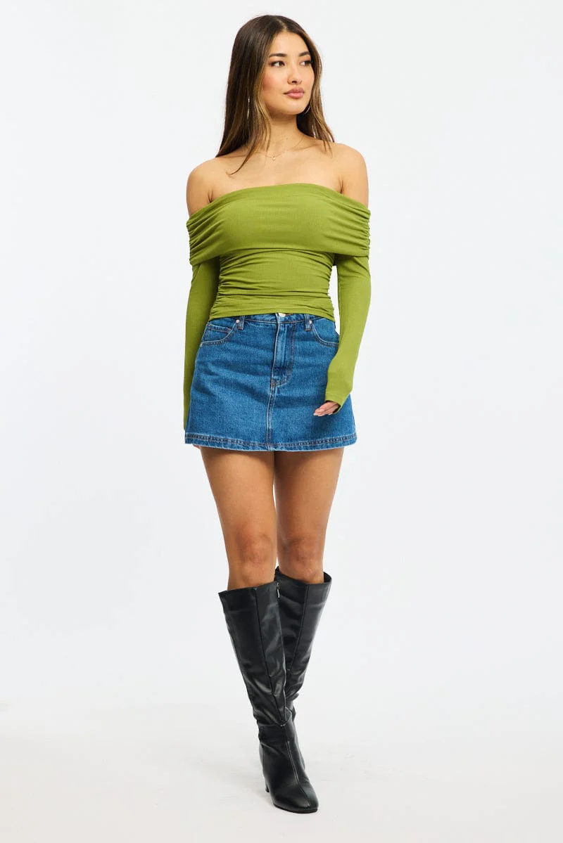 Green Off Shoulder Top Side Ruched Long Sleeve - Image 2