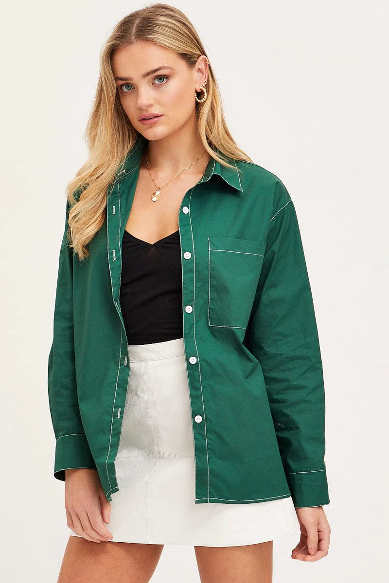 Green Oversized Shirts Long Sleeve Collared - Image 3