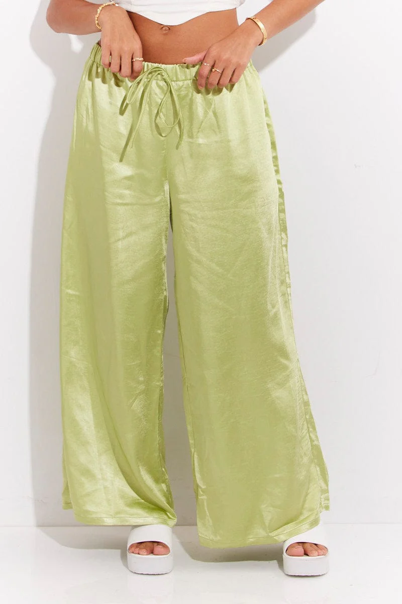 Green Pant High Elastic Waist Tie Front Wide Leg Satin - Image 2