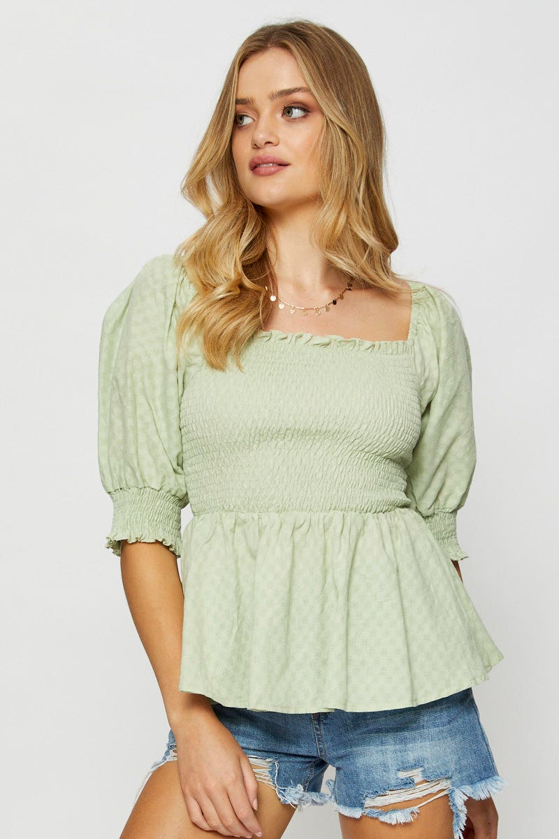 Green Peplum Top Short Sleeve Round Neck - Image 3