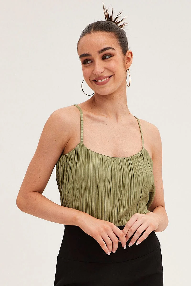 Green Plisse Cami Sleeveless Scoop Neck - Image 3