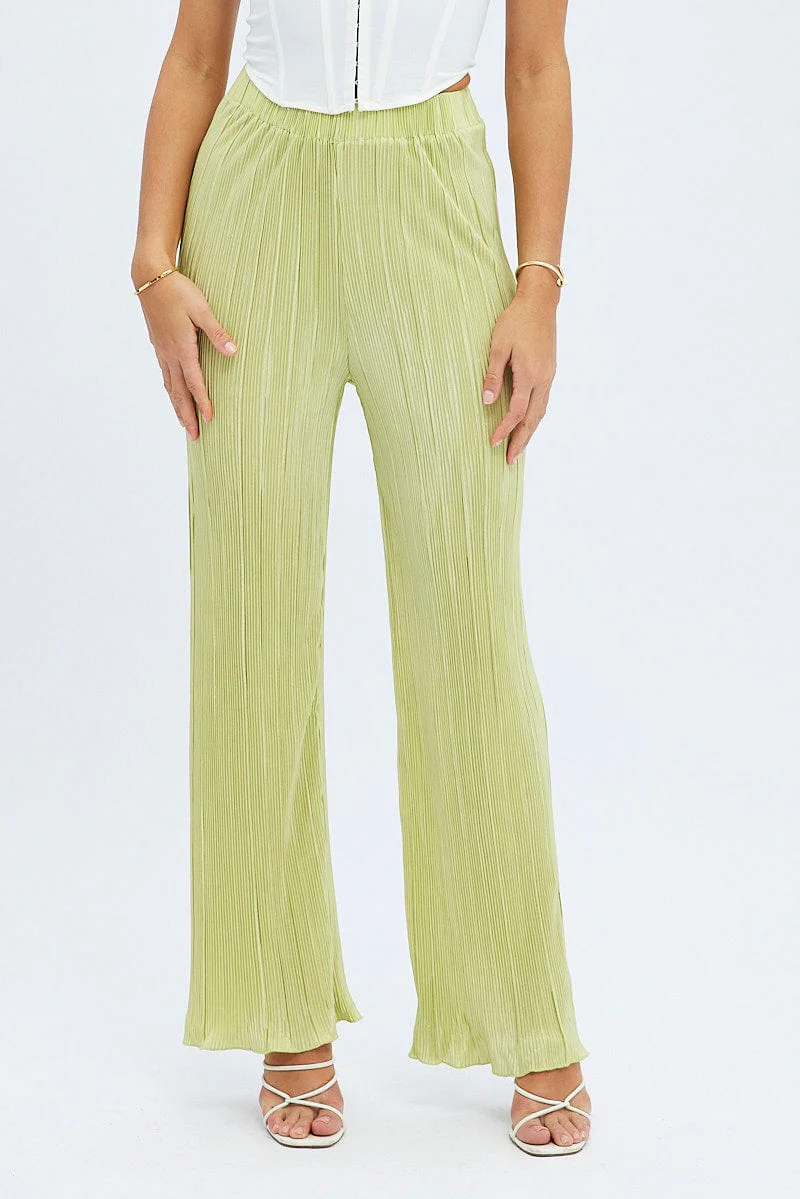 Green Plisse Pants Wide Leg High Rise - Image 2