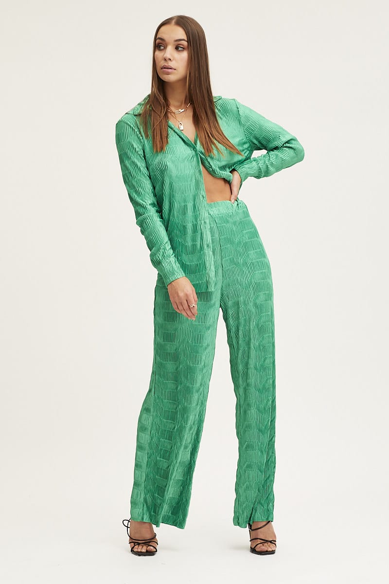 Green Plisse Pants Wide Leg High Rise - Image 3