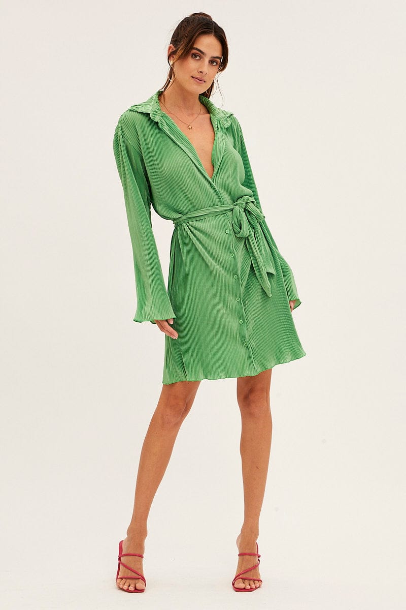 Green Plisse Shirt Dress Front Button - Image 2