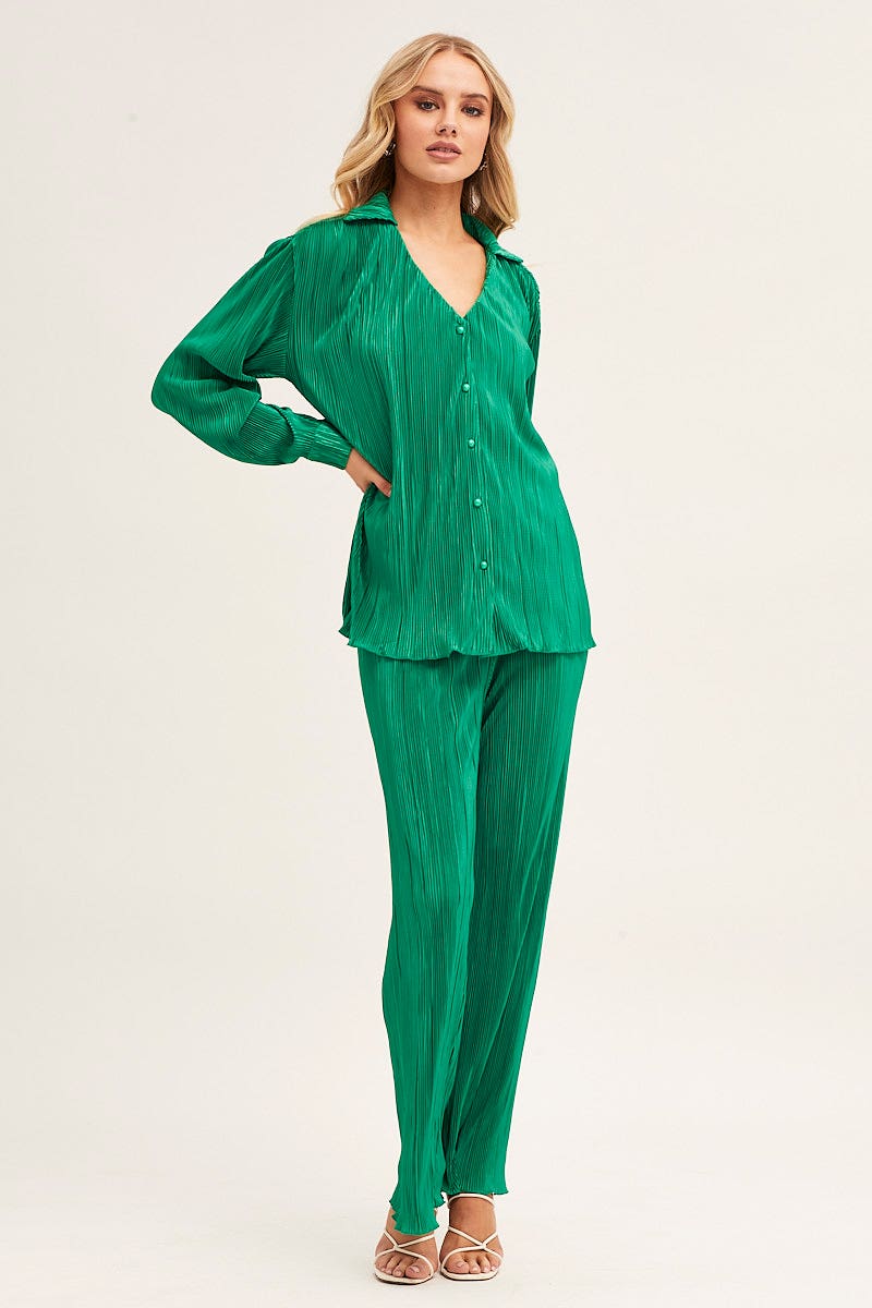 Green Plisse Shirt Long Sleeve Button Front - Image 8
