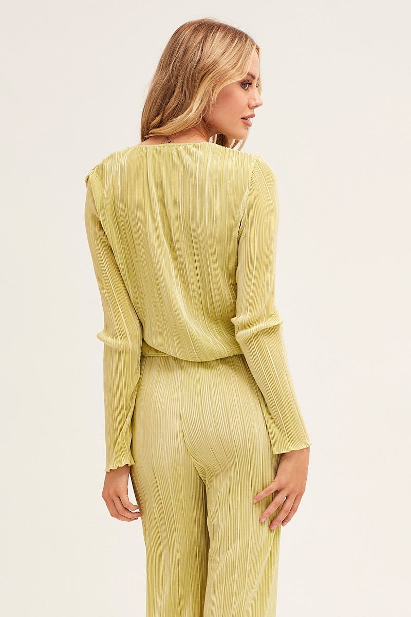 Green Plisse Top Tie Front Long Sleeve - Image 5
