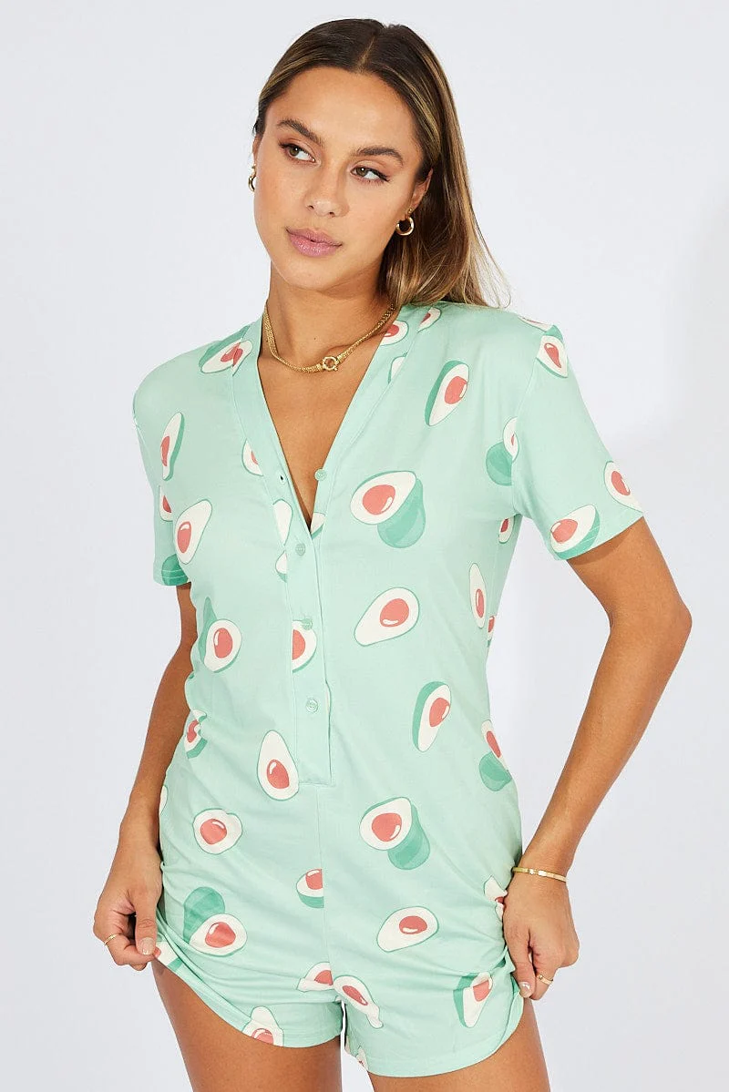 Green Print Avocado Romper Button Through Nightwear Onesie - Image 3