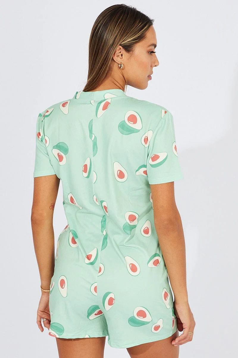 Green Print Avocado Romper Button Through Nightwear Onesie - Image 5
