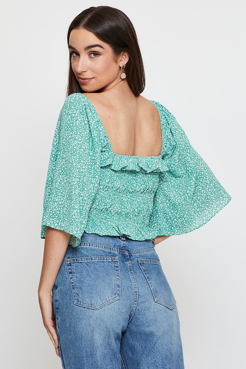Green Print Crop Top Short Sleeve Crop Square Neck - Image 11