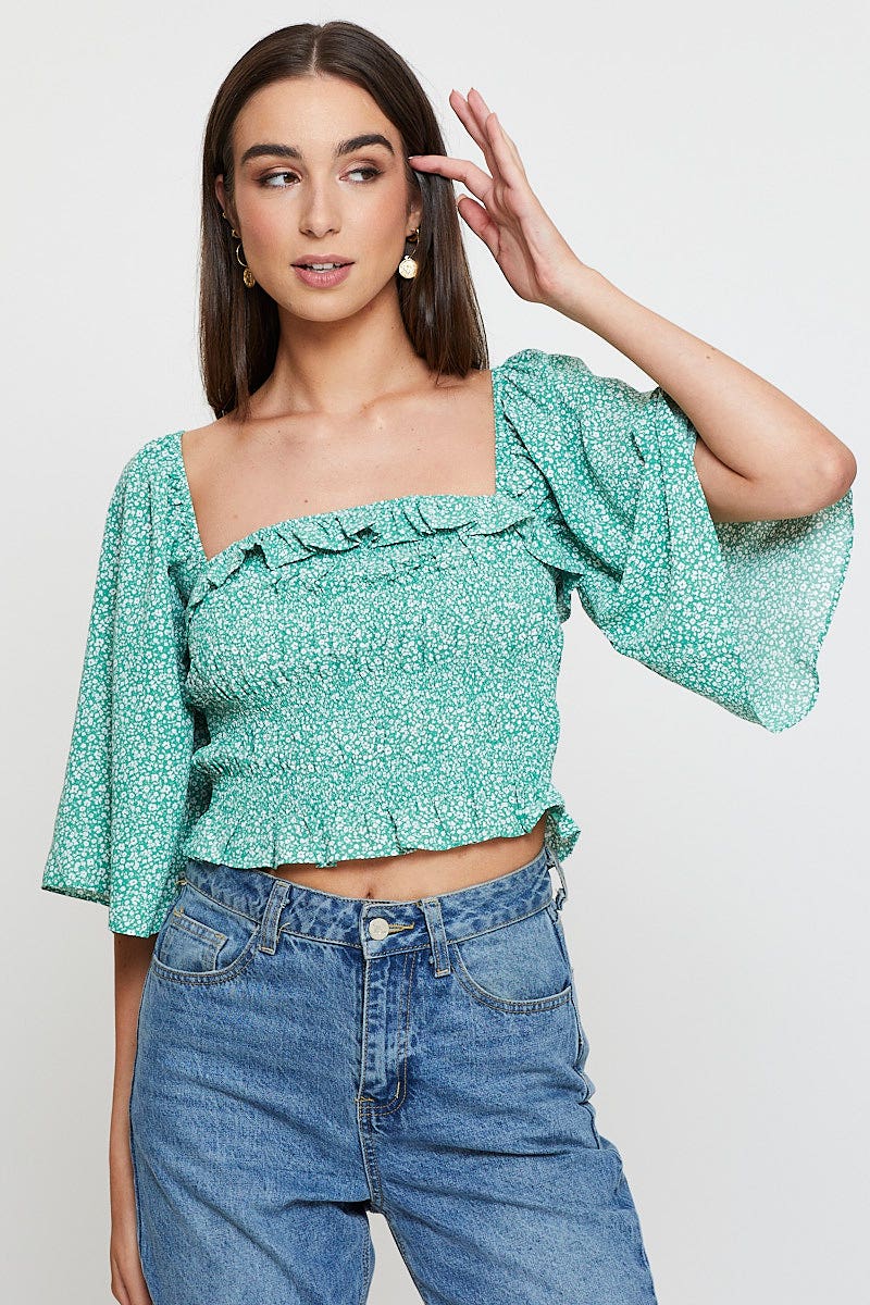 Green Print Crop Top Short Sleeve Crop Square Neck - Image 9