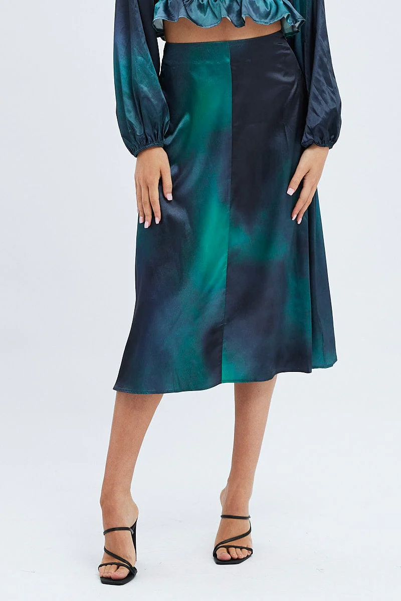 Green Print Midi Skirt High Waisted A-line Panelled Satin - Image 2