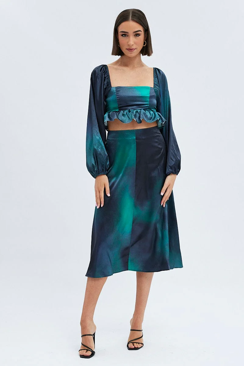 Green Print Midi Skirt High Waisted A-line Panelled Satin - Image 3