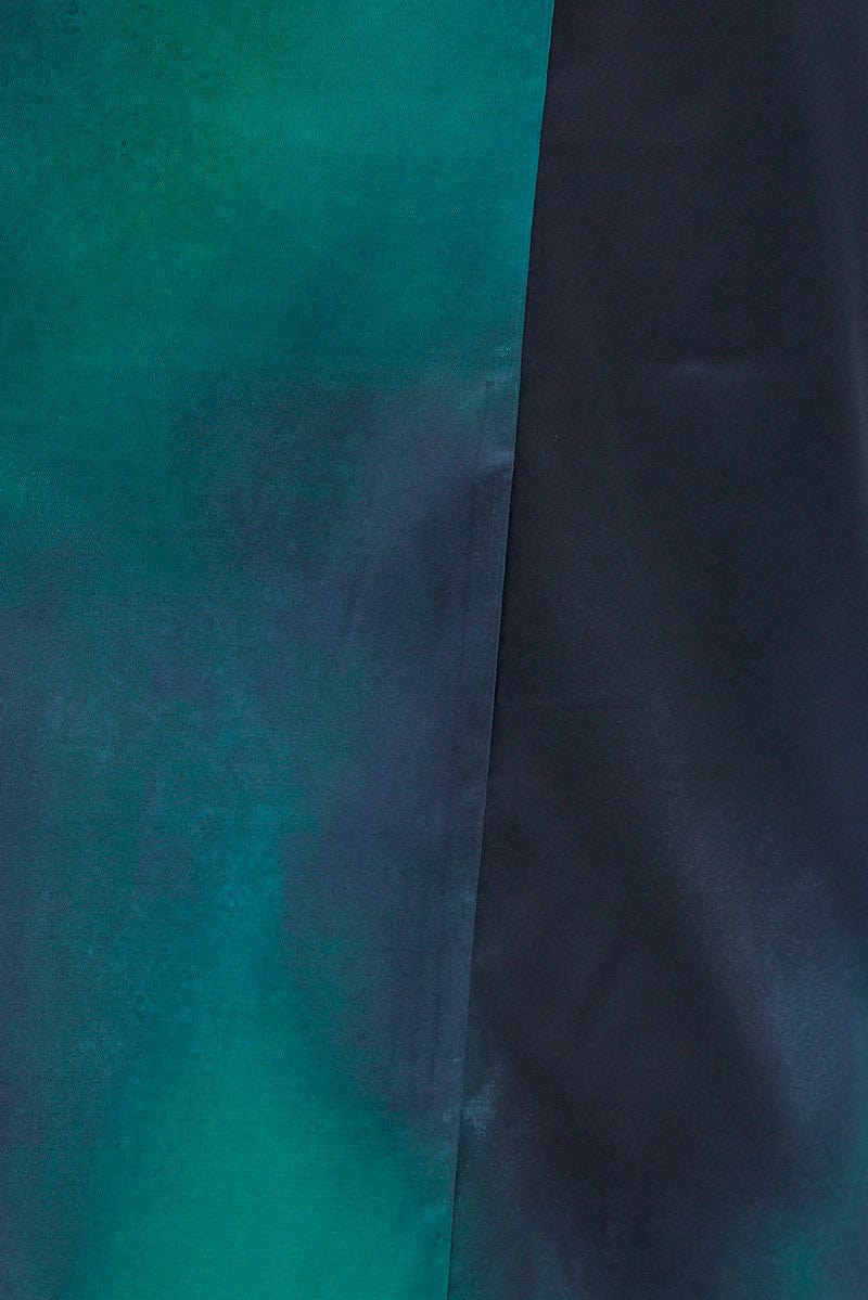 Green Print Midi Skirt High Waisted A-line Panelled Satin - Image 6