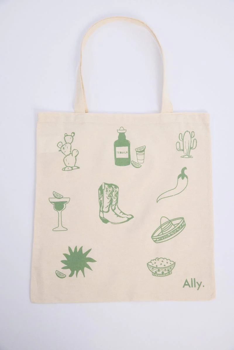 Green Print Tote Bag Printed Mexican Motifs