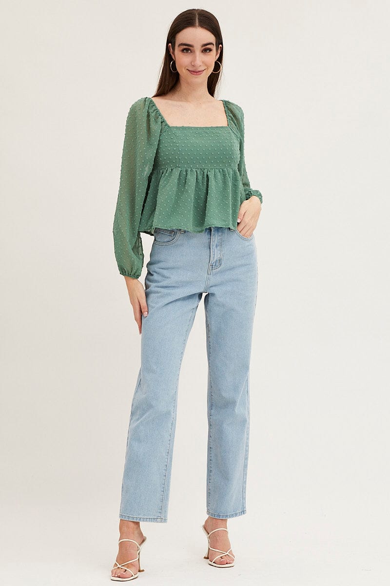 Green Puff Sleeve Peplum Top - Image 2