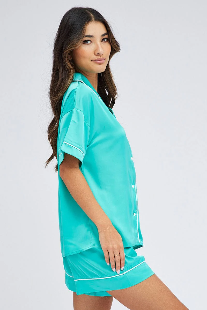 Green Pyjama Set Short Sleeve Satin White Piping PJ - Image 4