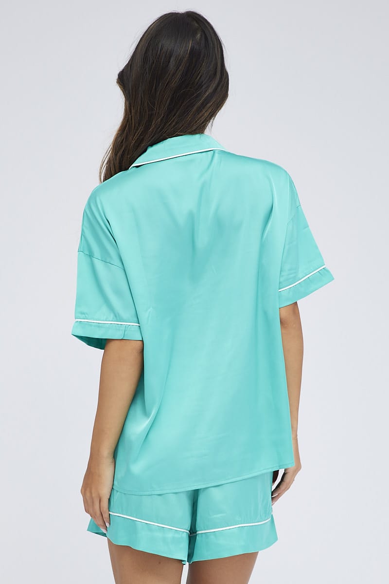 Green Pyjama Set Short Sleeve Satin White Piping PJ - Image 5