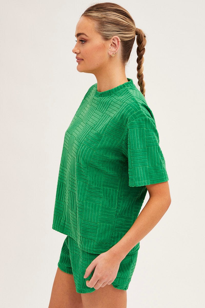 Green Pyjamas Set Short Sleeve Crew Neck Shorts Terry - Image 4