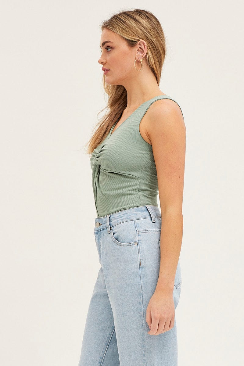 Green Rib V Neck Sleeveless Twist Front Bodysuit - Image 4