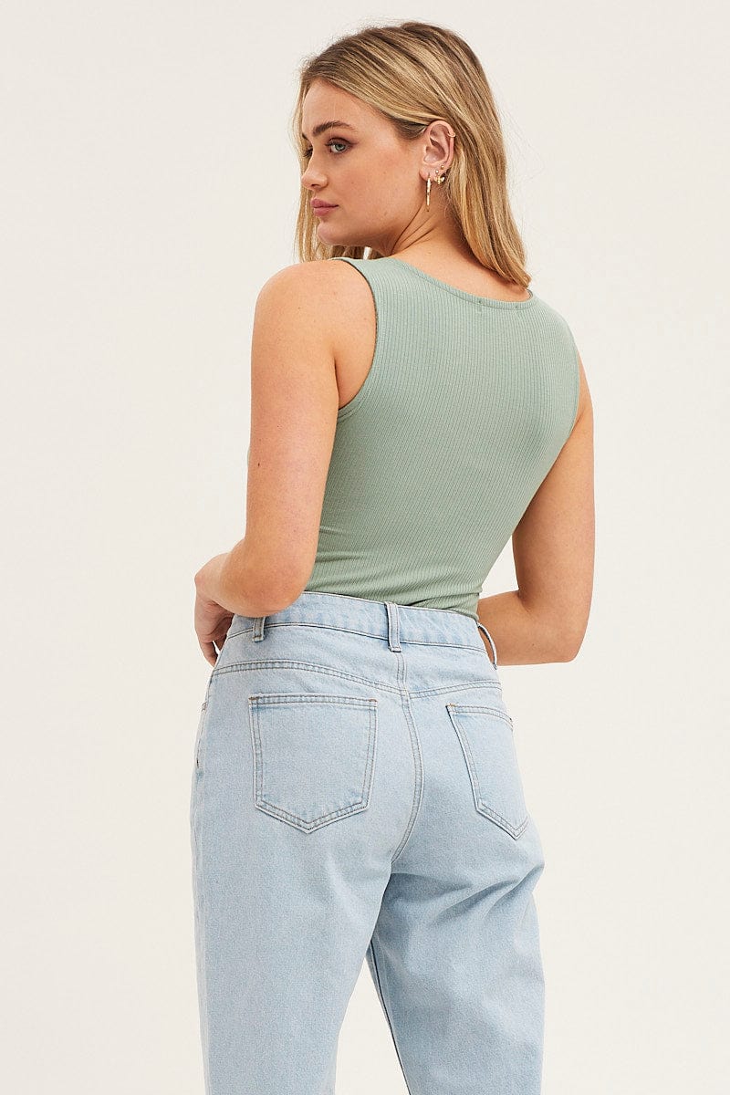 Green Rib V Neck Sleeveless Twist Front Bodysuit - Image 5