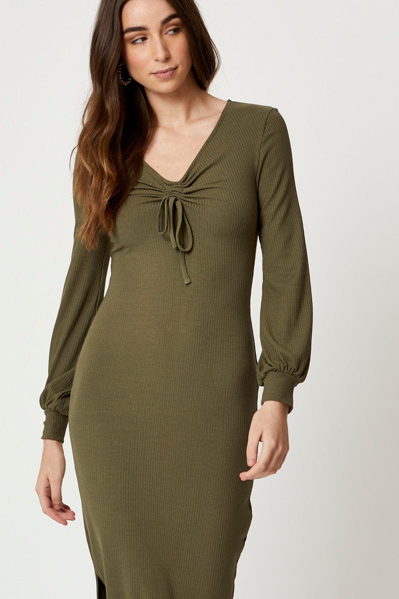 Green Ribbed Drawstring Midi Dress - Image 5