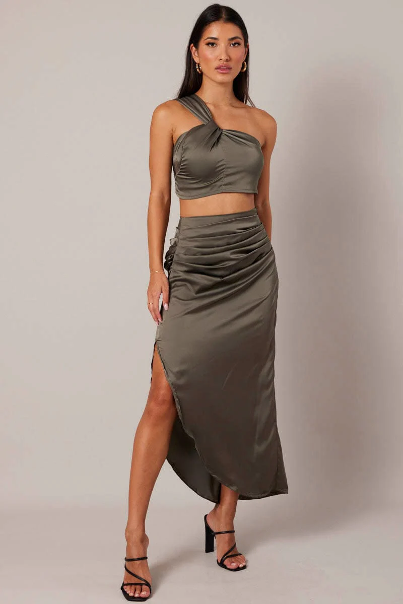 Green Ruched Maxi Skirt Draped Satin Skirt - Image 2
