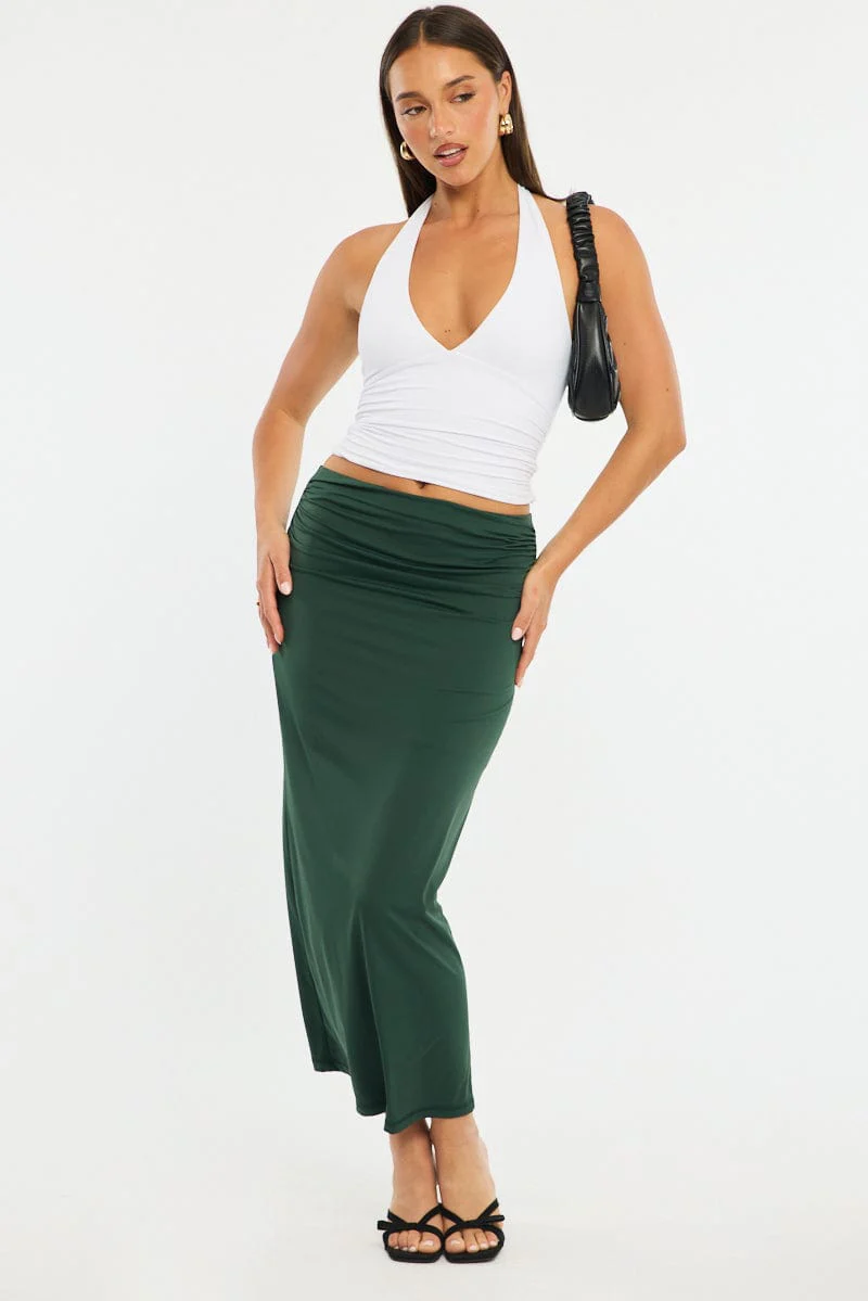 Green Ruched Maxi Skirt Elastic Waist