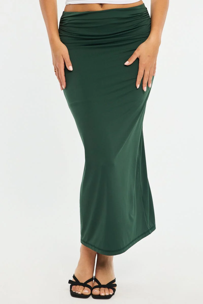 Green Ruched Maxi Skirt Elastic Waist - Image 2