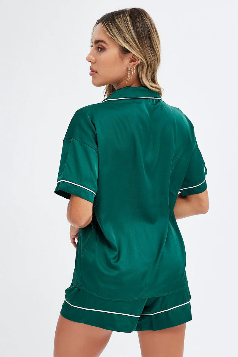 Green Satin Pj Contrast Piping Button Through Pyjama Set - Image 5