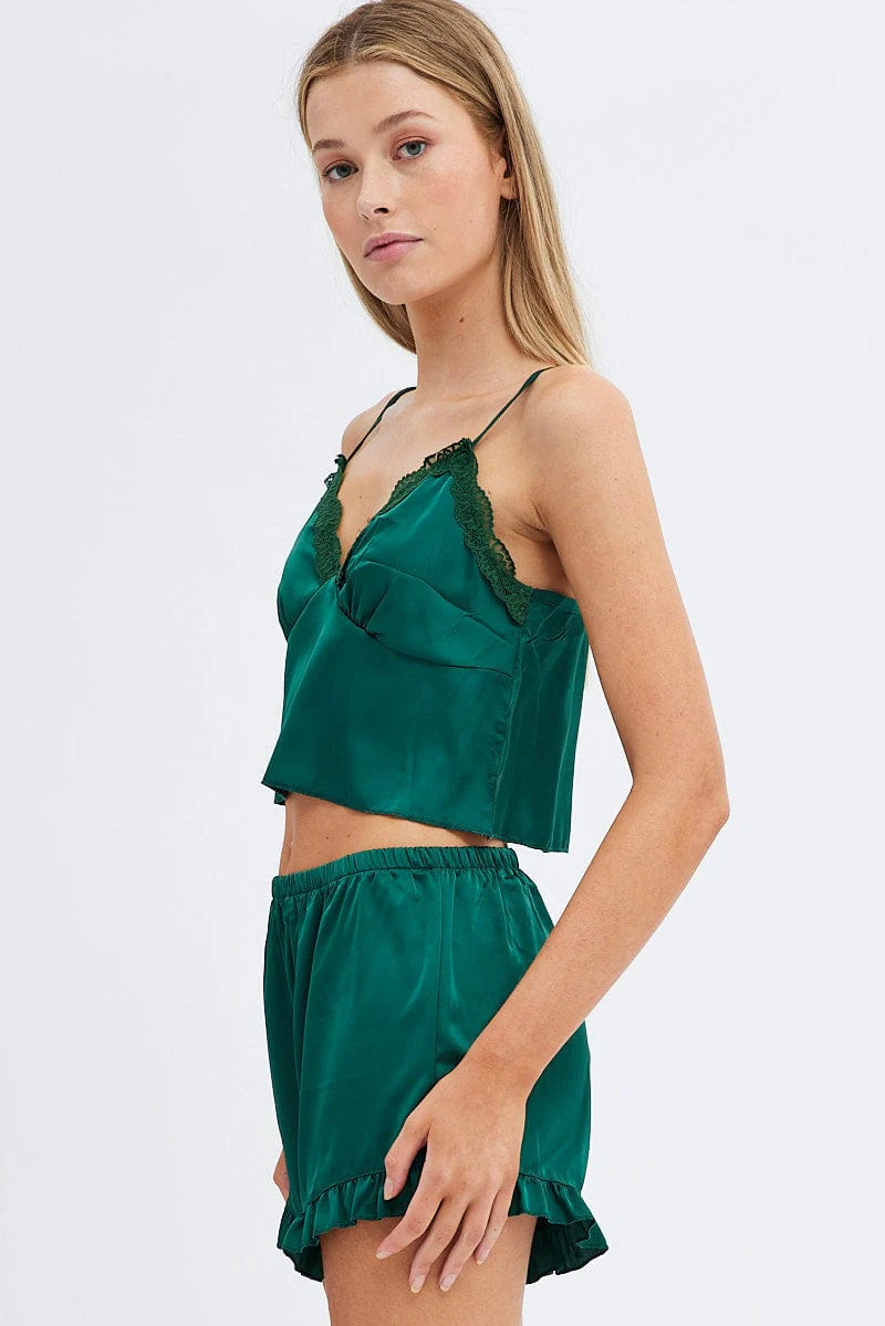 Green Satin PJ Lace Trim Cami and Ruffle Shorts Set - Image 4