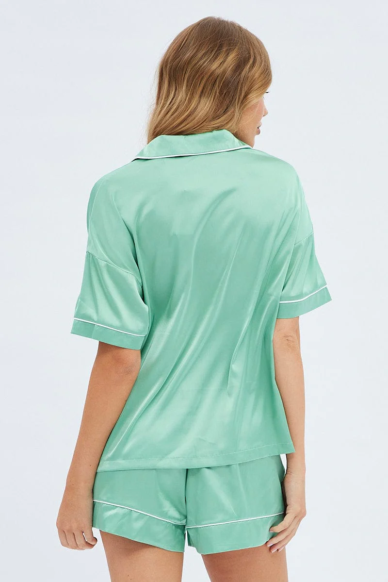 Green Satin Pj Piping Button Through Pyjama Set - Image 5