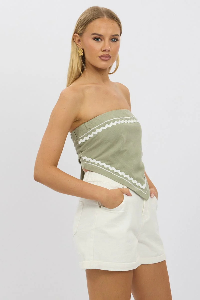 Green Scarf Top Sleeveless Bandeau Linen Blend Ric Rac - Image 4
