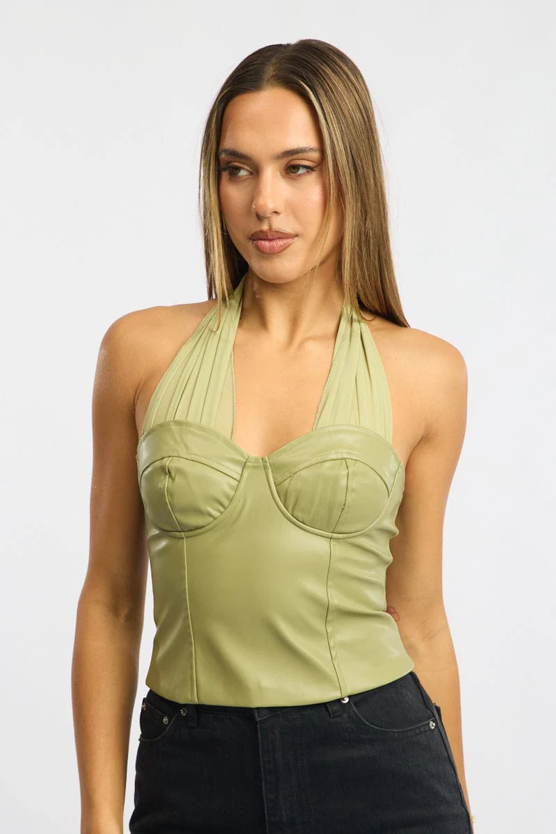 Green Scarf Top Sleeveless Halter Neck Pu Corset