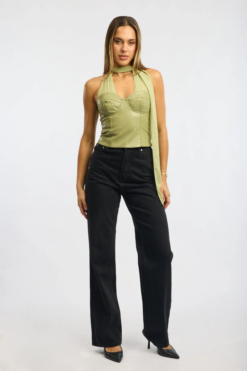 Green Scarf Top Sleeveless Halter Neck Pu Corset - Image 2